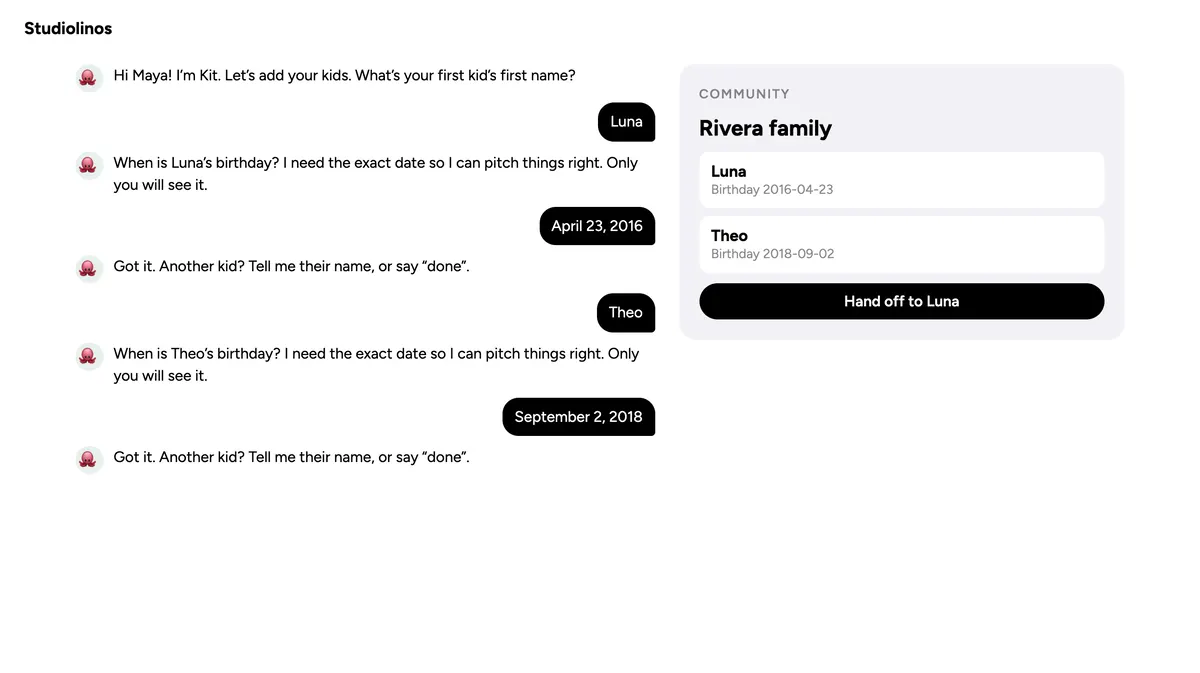 Kit asking a parent for each child's name and birthday while the Rivera family Studio fills in beside the chat