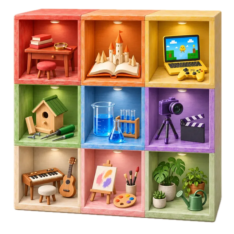 A three by three stack of tiny 3D studio rooms, one for each Project type plus three more